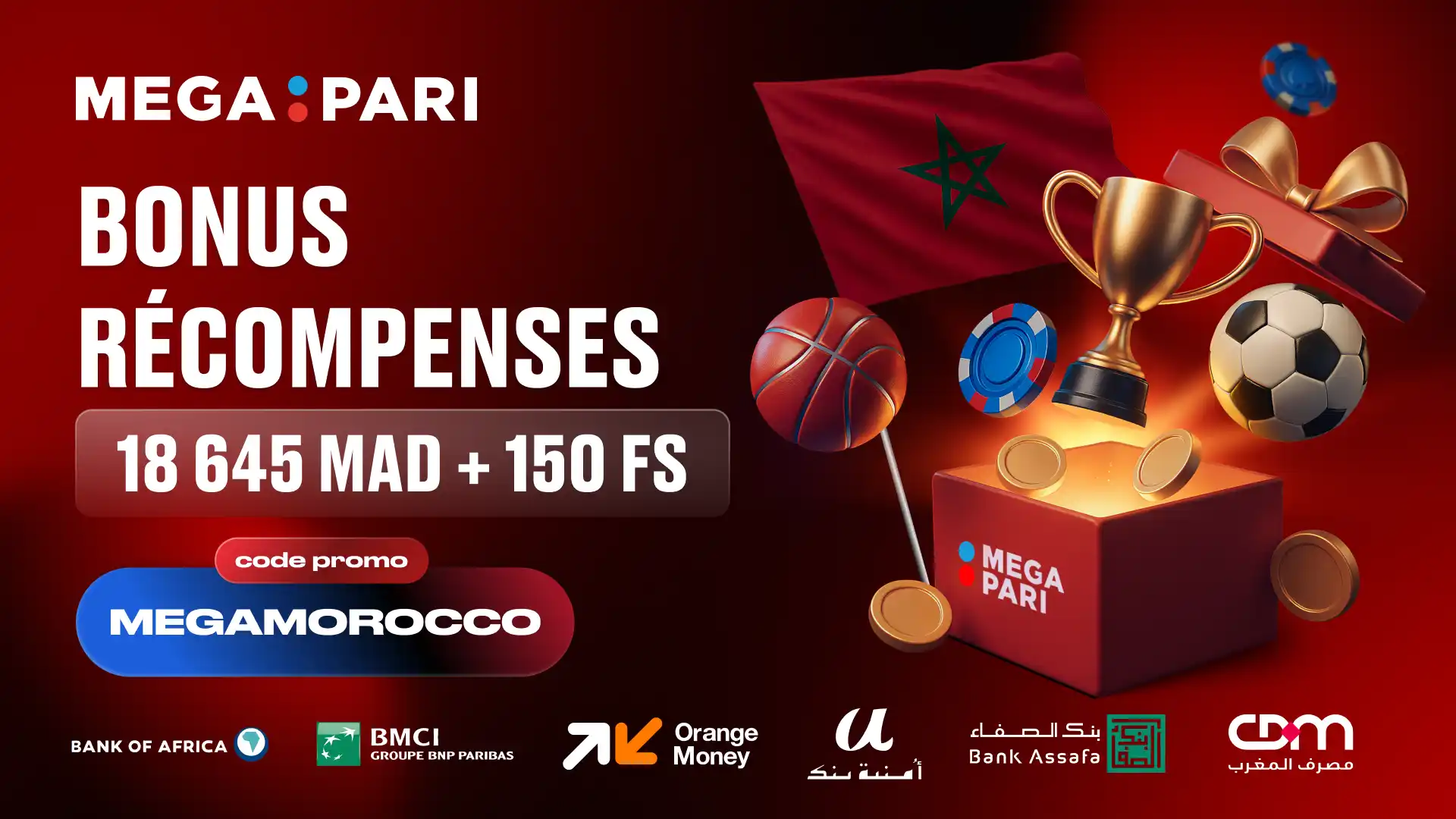 Offres promotionnelles et bonus Megapari disponibles pour les joueurs au Maroc Boîte cadeau remplie d’argent et de pièces symbolisant les bonus Megapari au Maroc