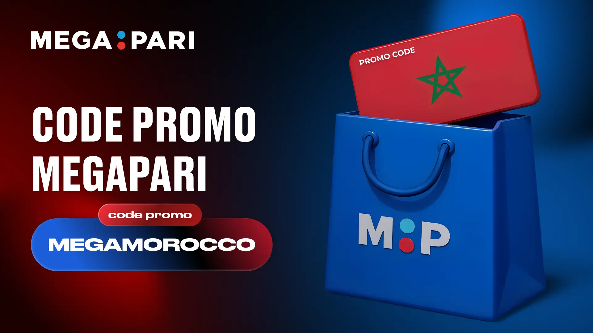 Comment saisir et utiliser le code promo Megapari au Maroc Carte de code promo Megapari avec le drapeau du Maroc dans un sac de shopping