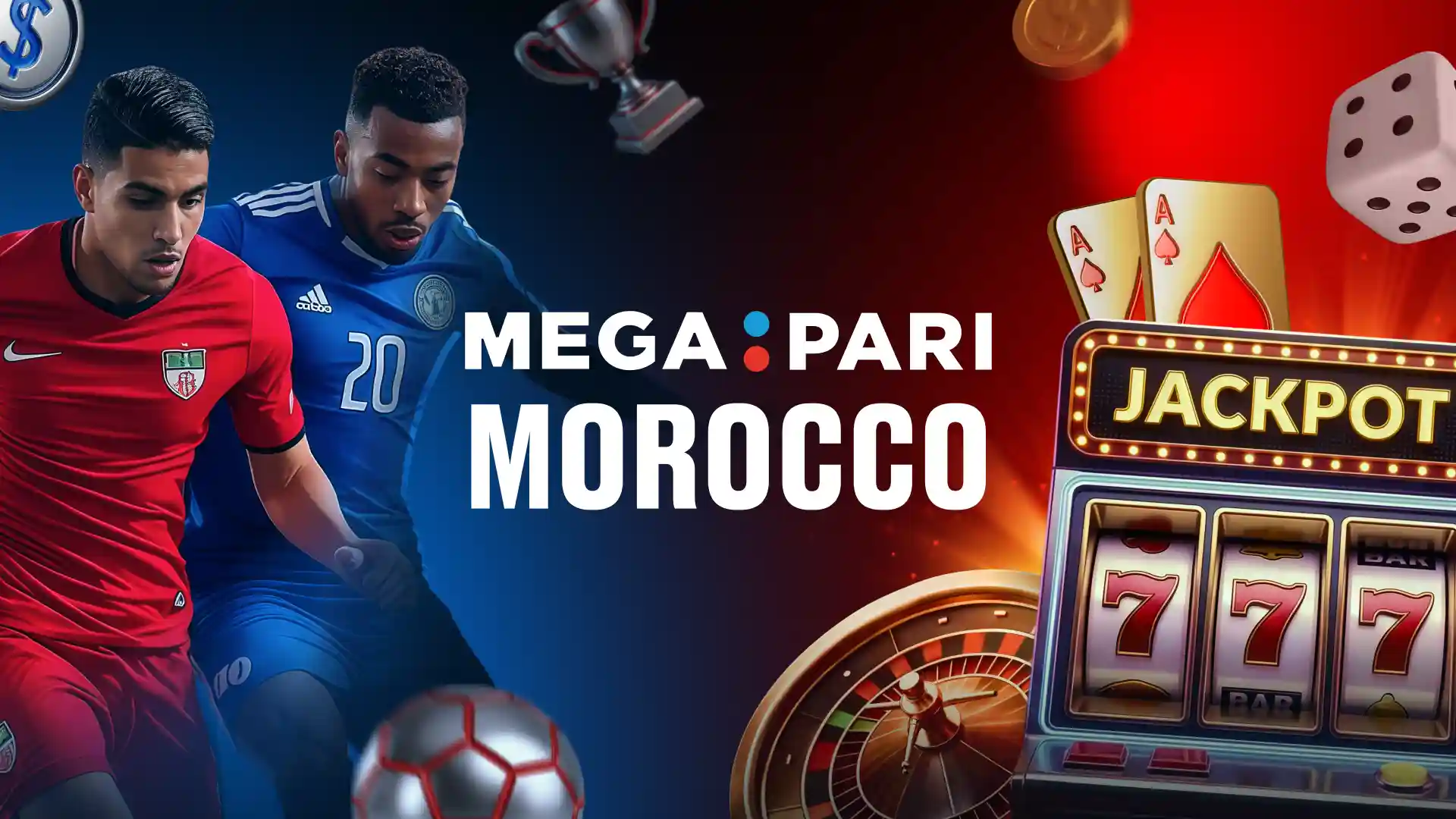 Paris sportifs sur Megapari pour les utilisateurs au Maroc Des joueurs de football avec des éléments de casino symbolisant les paris sportifs sur Megapari Maroc